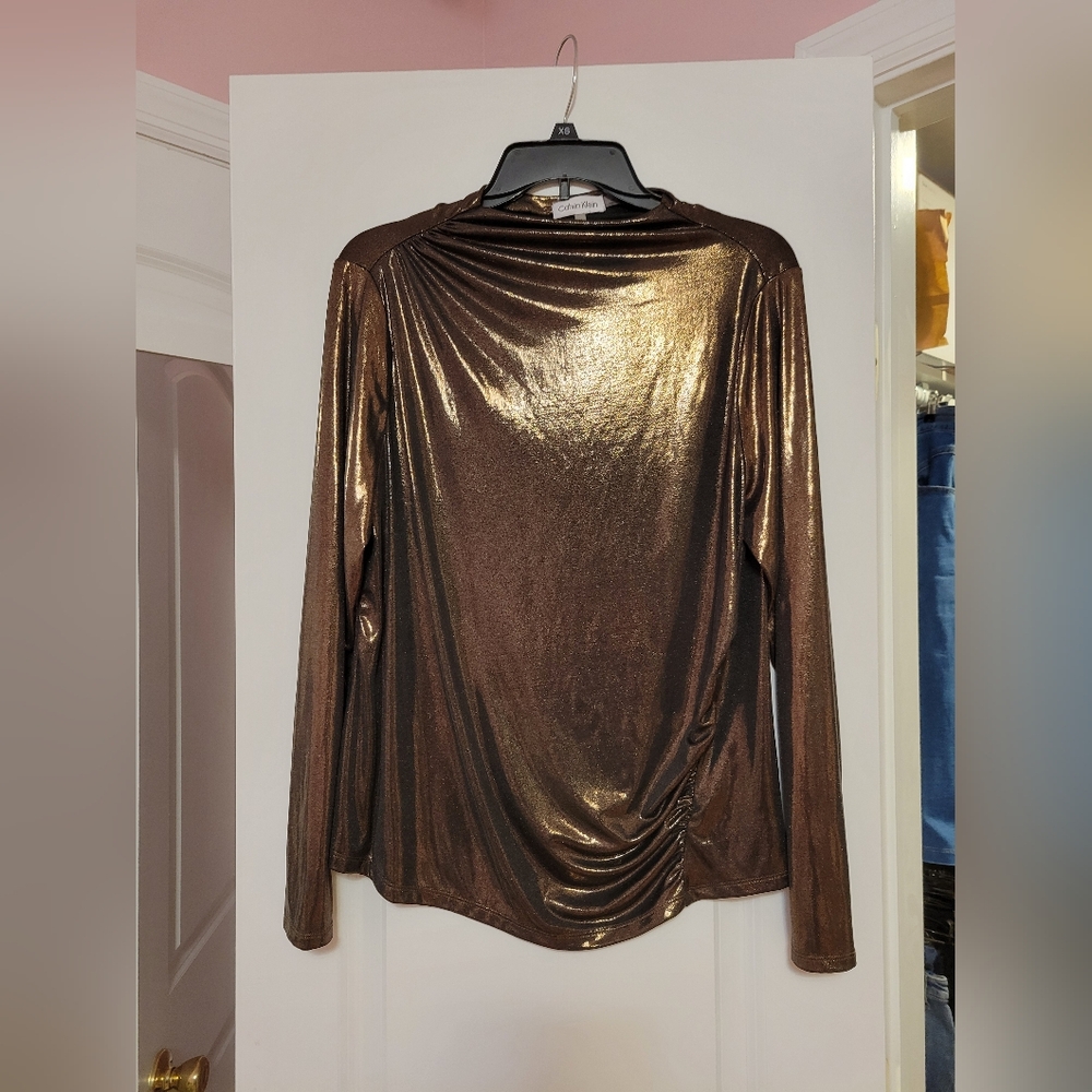 NWOT Womens M Calvin Klein Gold/Copper Shimmer Mock Neck Top- Holiday Glam